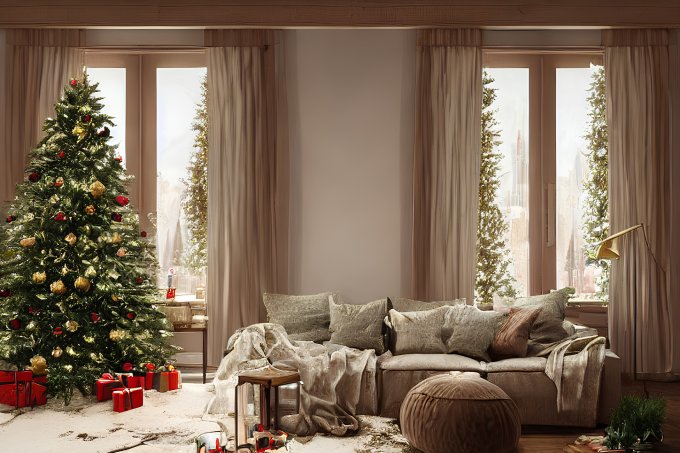 Salon w domu z choinką udekorowany na Boże Narodzenie